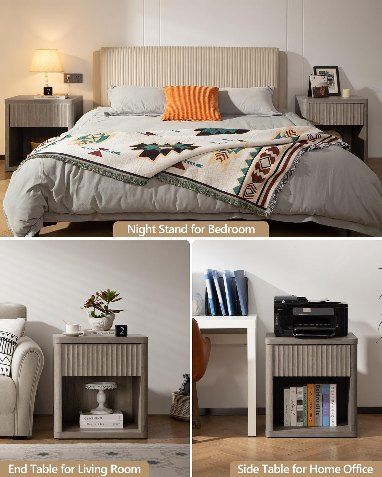 SICOTAS Night Stand Set of 2 Nightstands with Drawer Storage Bed Side Table End Table Large Modern Wood Wide Bedside Stand Mid Century Night Stands SICOTAS