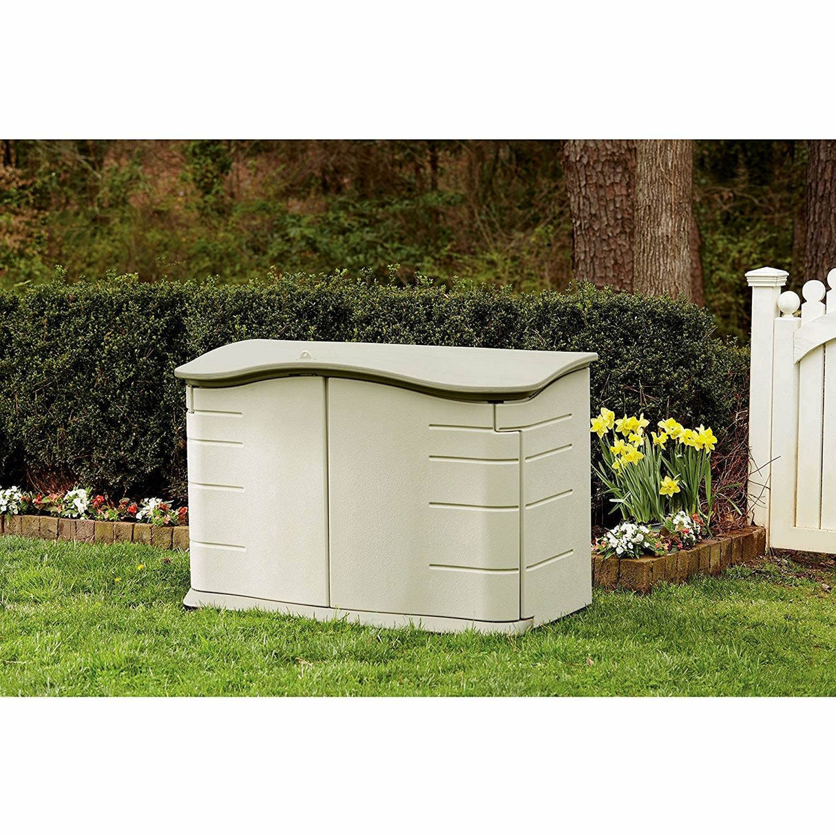 Rubbermaid Small Horizontal Resin Weather Resistant Outdoor Storage Shed, Olive and Sandstone, for Garden/Backyard/Home/Pool, 18 Ft³ Horizontal Shed Rubbermaid