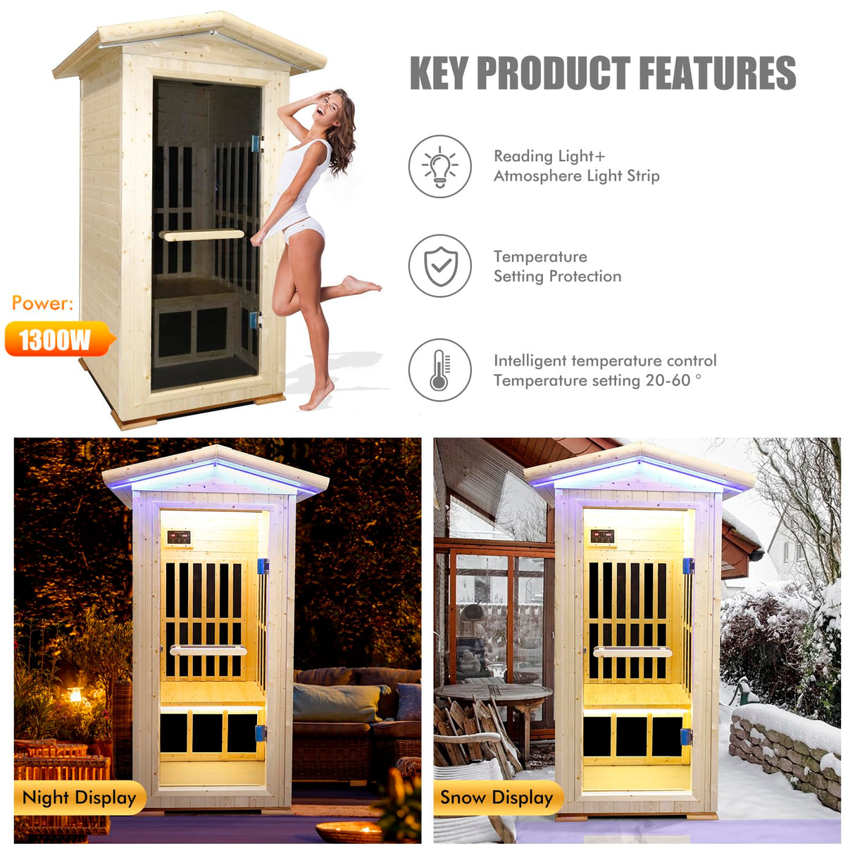 OUTEXER Outdoor Far Infrared Sauna Wooden Saunas Spa 1300W Low-EMF Dry Sauna Room for One Person Finland Spruce Wood OUTEXER
