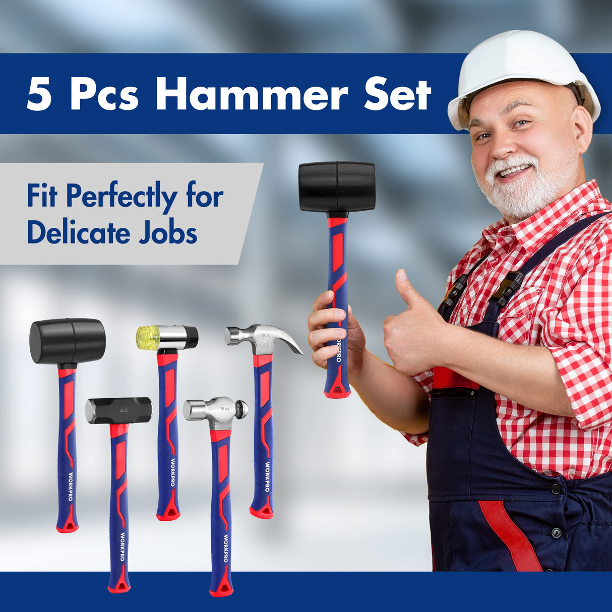 WORKPRO 5-Piece Hammer Set, Forged & Polished Steel Head, Fiberglass Handle, 32oz Rubber Mallet | 16oz Claw Hammer | 3lb Sledge Hammer | 16oz Ball WORKPRO