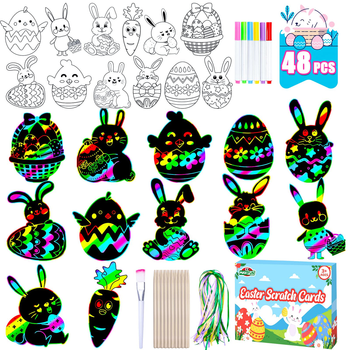 Max Fun Easter Crafts Kit Rainbow Color Scratch Paper Easter Ornaments (48 Counts)-Craft Kit for Kids Easter Basket Stuffers Party Favors Max Fun