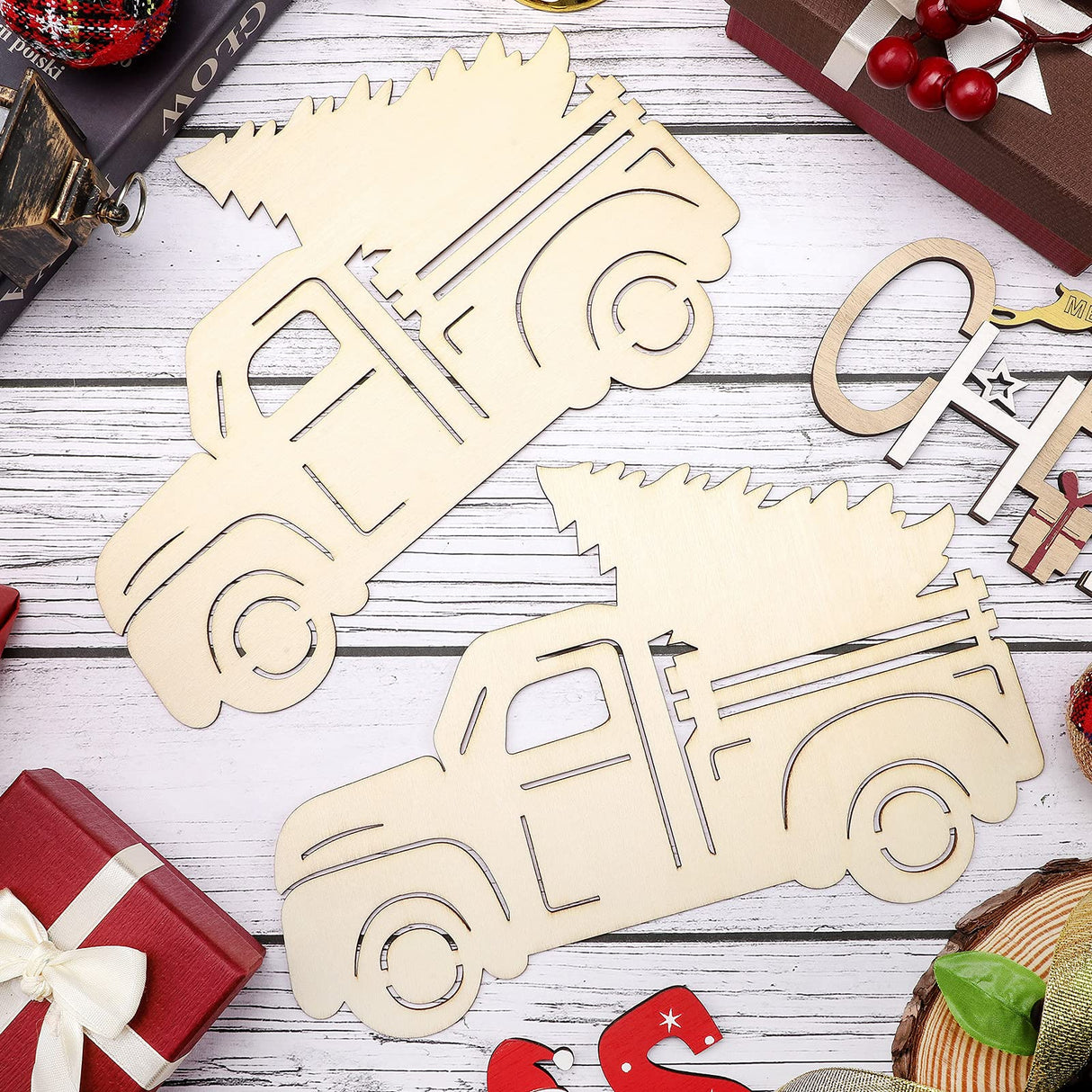 6 Pieces 10 inch Christmas Truck Unfinished Wood Slices Unpainted Cutout Wood Board Craft Blank Holiday Thin Blank Wood Sign for Christmas Party Jetec