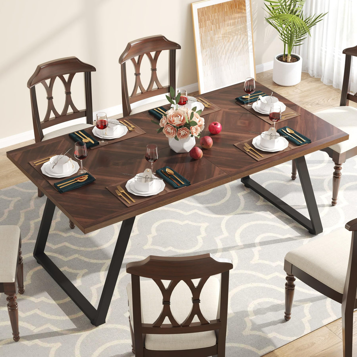 Tribesigns Dining Room Table for 6, Industrial 63" W Rustic Brown Rectangle Wooden Kitchen Table with Metal Frame, Farmhouse Patio Dinner Table for Tribesigns