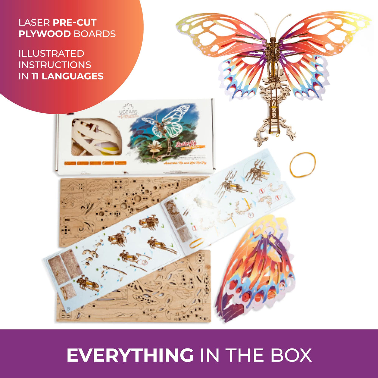 Ugears Butterfly 3D Mechanical Model Self-Assembling Wooden Miniature DIY Set Wooden Box Brainteaser UGEARS