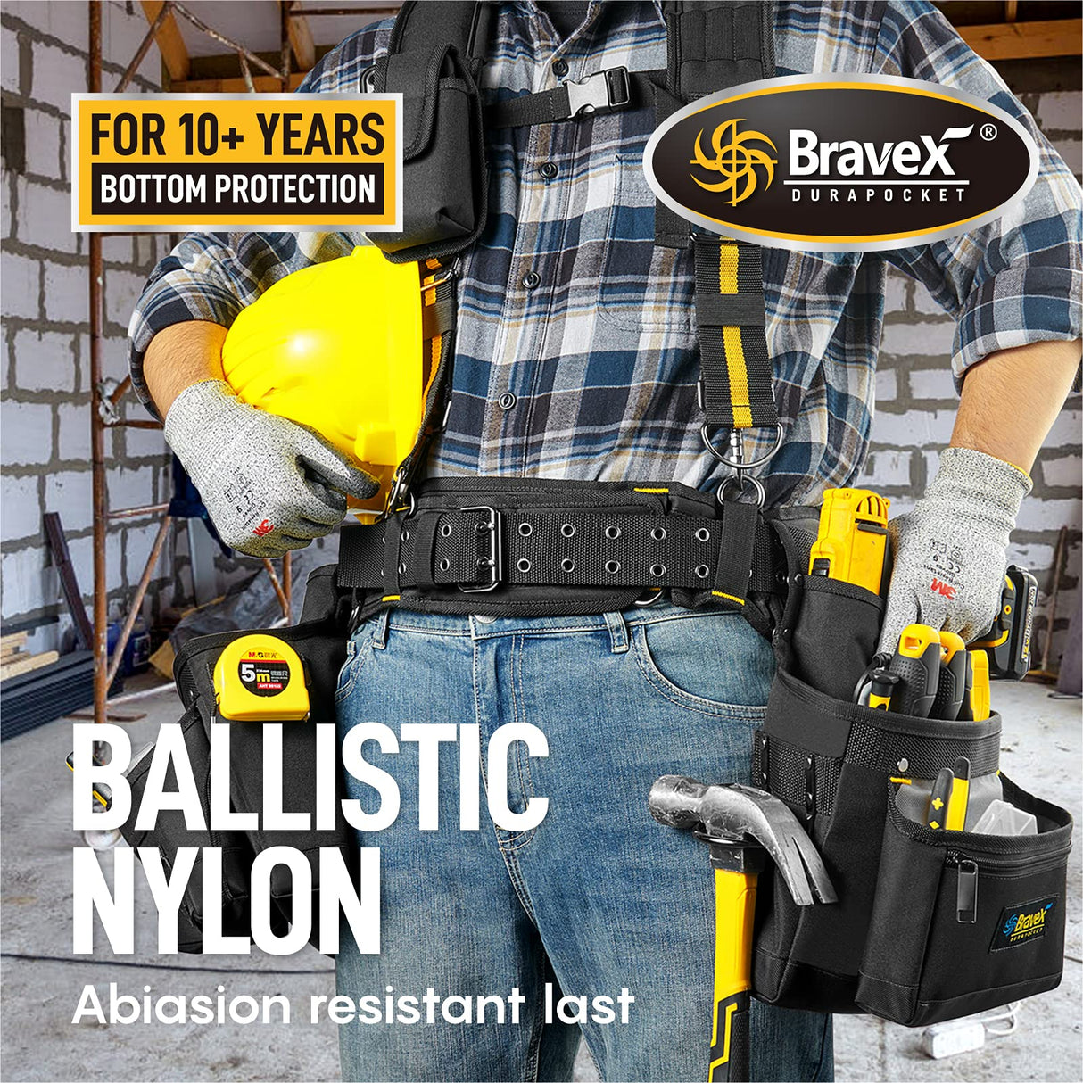 Bravex Tool Belt Suspenders, Tool Vest Pro Ultra 20 Bags Y-Style Toolbelt 5 Combo Apron Tool Pouch For Framers Carpenter Electrician 1200D Ballistic Voltstorm