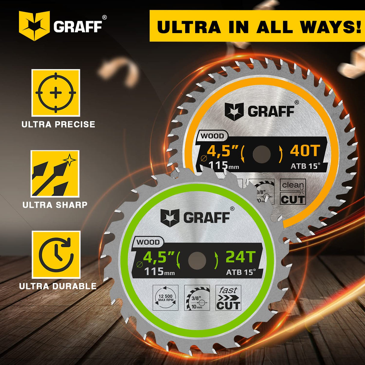GRAFF Set 4-1/2-Inch Circular Saw Blade with 3/8-Inch Arbor - 24-Teeth & 40-Teeth Grinder Saw Blade for Wood, Plywood, Drywall, MDF, Plastic - Wood GRAFF