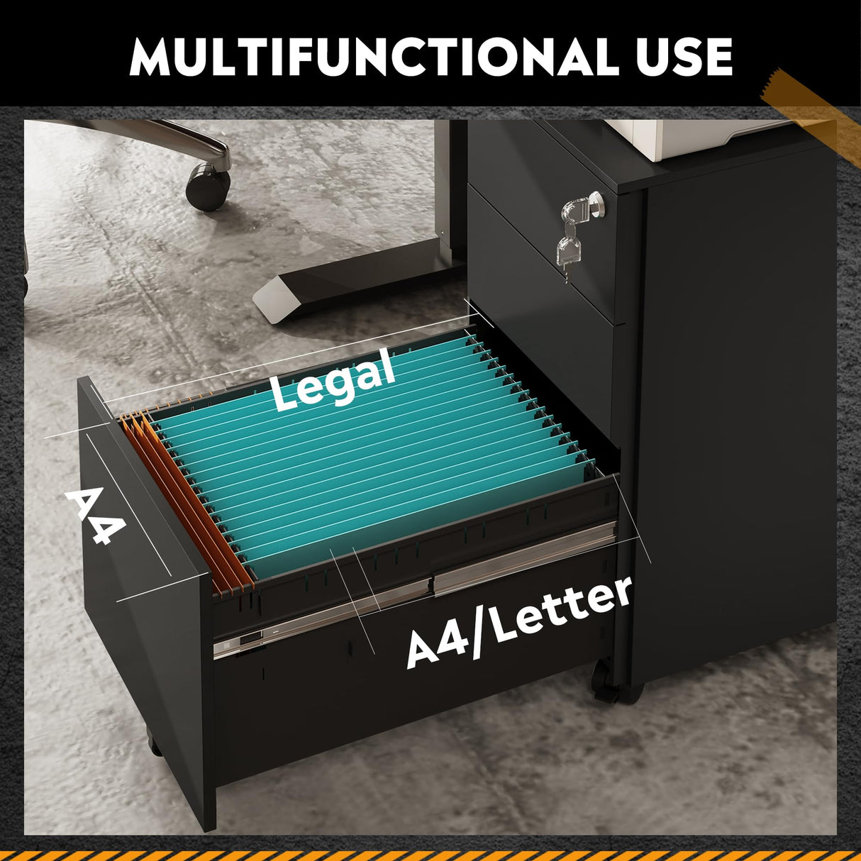 DEVAISE 3 Drawer Vertical File Cabinet, Mobile Filing Cabinet with Slim Width for Home Office, Black DEVAISE