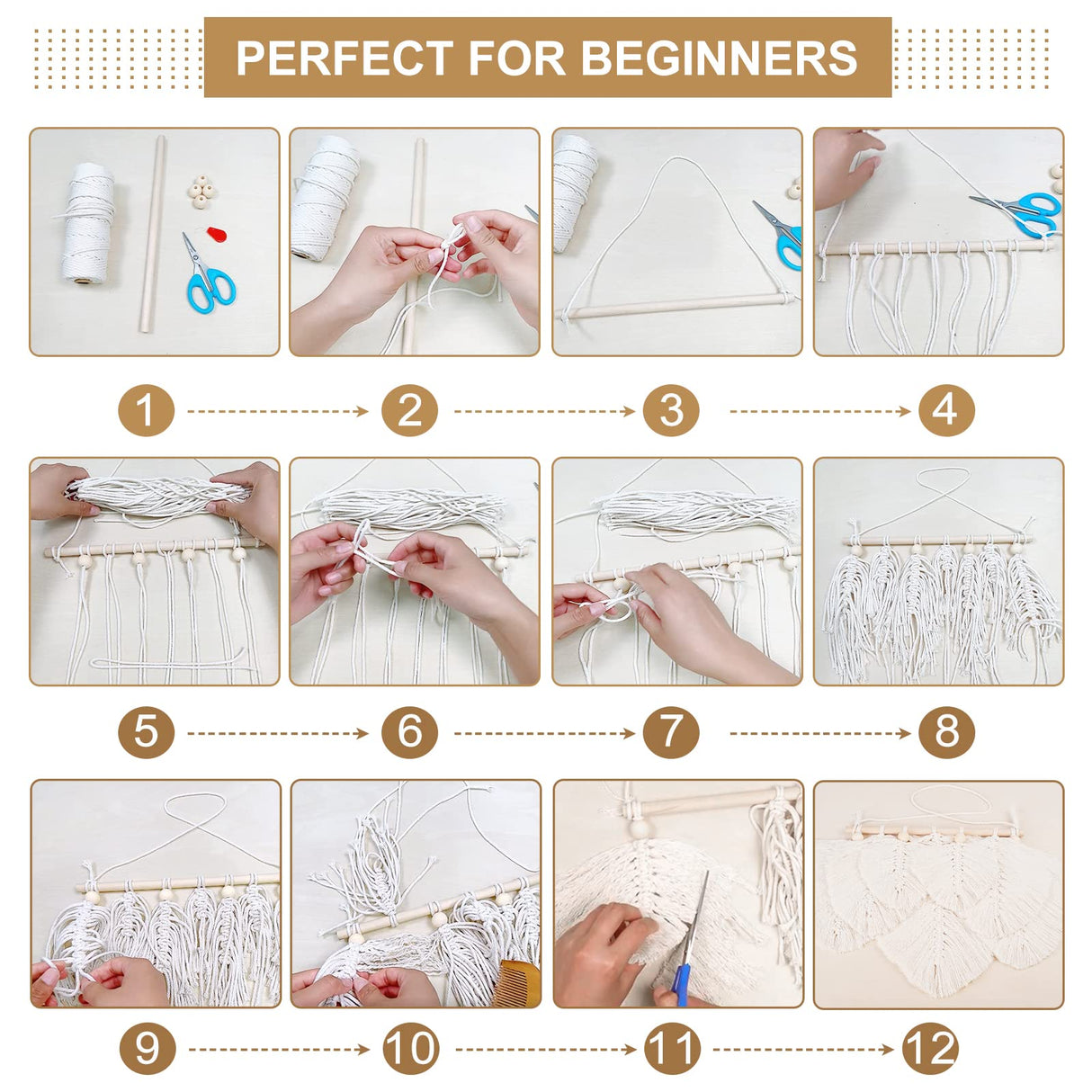 FREEBLOSS 2 Set DIY Macrame Leaf Wall Hanging Kit Macrame Feather 100M Macrame Cord and 20Pcs Wooden Beads Boho Macrame Wall Hanging Decor Macrame FREEBLOSS