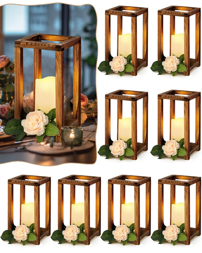 Huquary 16 Pcs Wooden Candle Lantern Set Includes 8 Rustic Wedding Centerpieces for Table Farmhouse Wooden Candle Holder and 8 Flameless Decorative