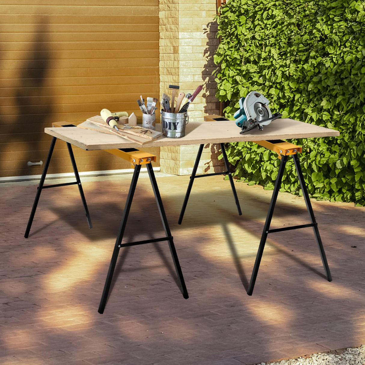 Goplus Saw Horses 2 Pack Folding, Portable Sawhorse with Fast Open Legs, Convenient Handle. Heavy Duty Steel Sawhorse for Woodworking, Carpenters, Goplus