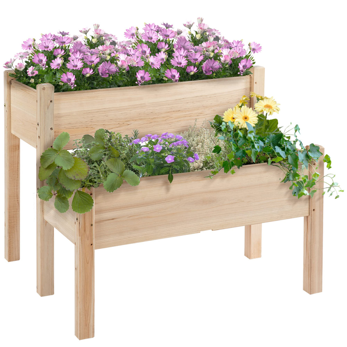Outsunny 34"x34"x28" Raised Garden Bed, 2-Tier Elevated Wood Planter Box for Backyard, Patio to Grow Vegetables, Herbs, and Flowers, Natural Outsunny