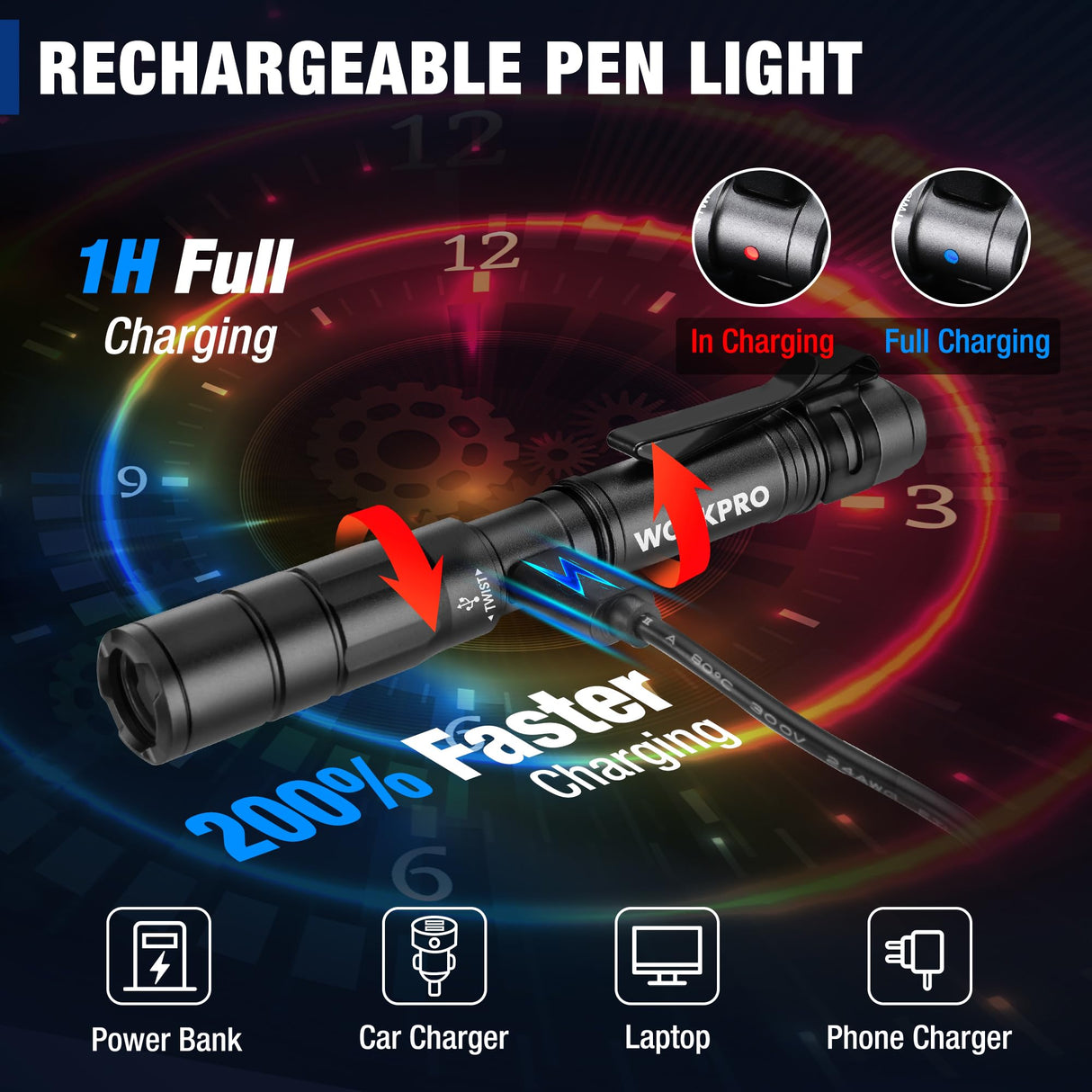 WORKPRO Rechargeable Pen Light, Mini Flashlight, 2 Pack Ultra-Compact EDC Flashlight, Pocket Flashlight with Clip, Memory Function and 2 x USB C WORKPRO