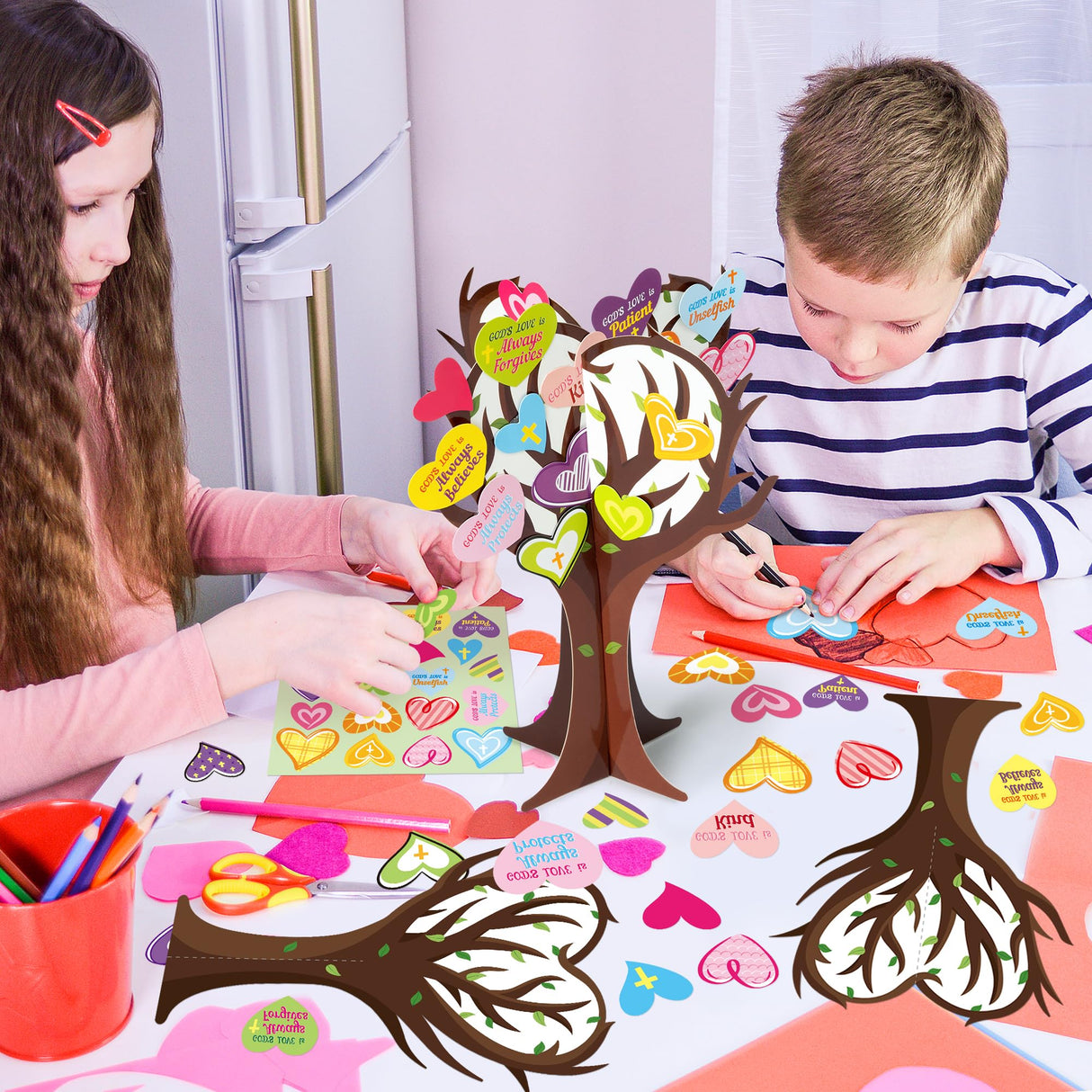 WATINC 16Pcs Valentine’s Day Christian Heart Trees Craft Kits, Make Your Own God’s Love Valentine Trees Decorations, DIY Easter Jesus Faith Trust WATINC