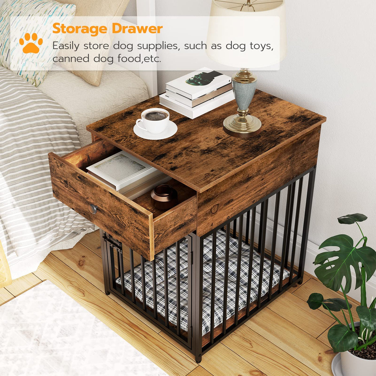 HOOBRO Dog Crate Furniture, Wooden Dog House, Decorative Dog Kennel with Drawer, Indoor Pet Crate End Table for Small Dog, Steel-Tube Dog Cage, HOOBRO