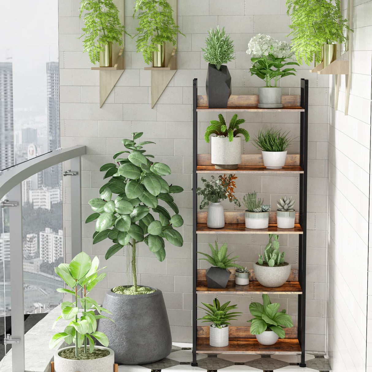 Furologee Adjustable 5-Tier Bookshelf with 2 Fabric Drawers - Industrial Wooden and Metal Storage Unit Furologee