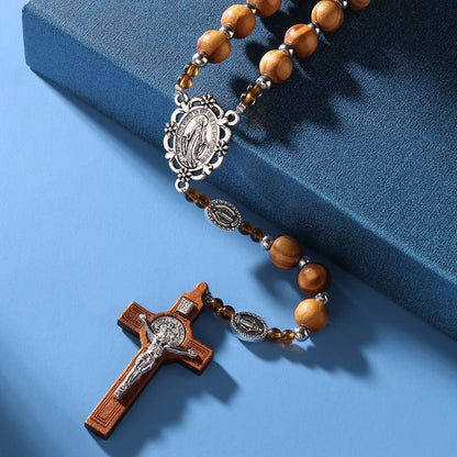 Faithful Catholic Wooden Rosary for Men, Our Father Sacred Handmade Wood Beads Rosary Necklace with Our Lady Crucifix Cross, Rosarios Catolicos Para