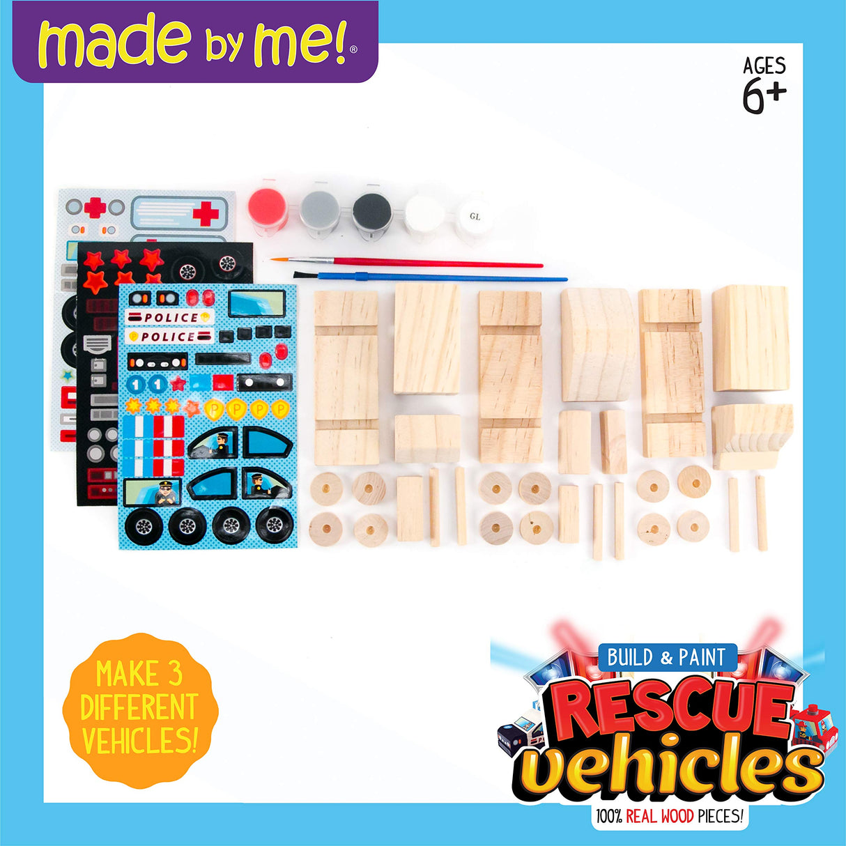 Made By Me Build & Paint Rescue Vehicles, Paint Your Own Firetruck, Police Car & Ambulance, DIY Wooden Vehicles, Great Weekend Activity, Car Birthday Made By Me