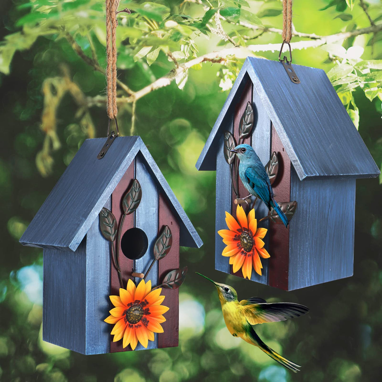 Birdhouse,Nesting Boxes for Birds, Rustic Wooden Flower Nesting Box for Birds for Outdoors, Hanging Bridal House for Garden Decoration, Blue LOTKEY