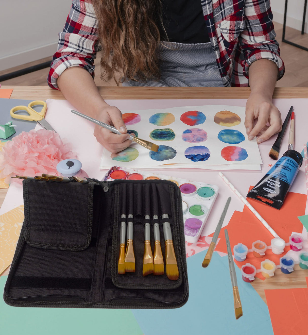 MyArtscape Artist Quality Painting Set - Acrylic Paint - 12 x 12ml Tubes - paired with Short Handle Artist Paintbrushes with Travel Holder MyArtscape