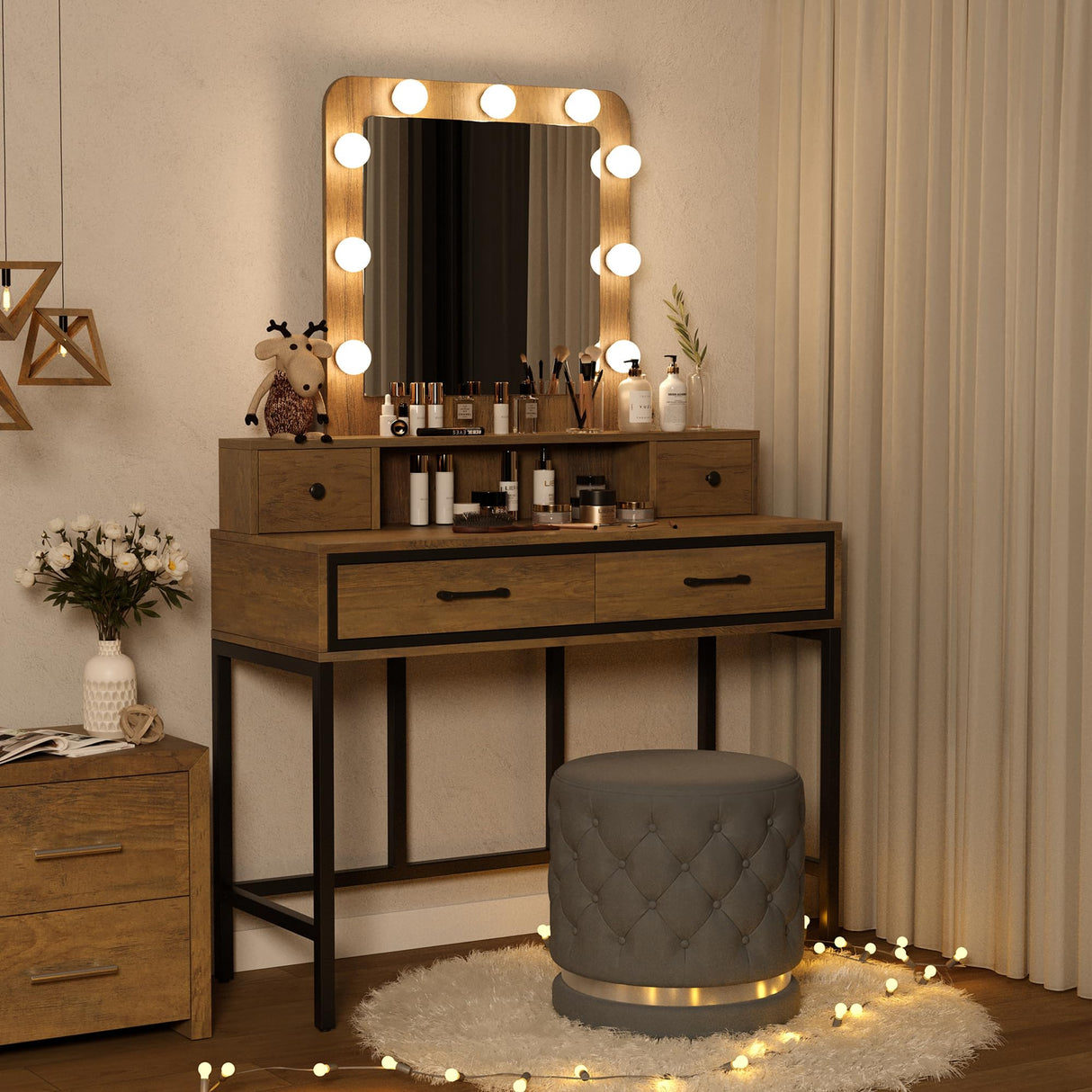 RoyalCraft Vanity, Makeup Vanity Desk with 3 Color Dimmable Lighted Hollywood Mirror, Brown Vanity with 4 Drawers, Large Dressing Table for Women RoyalCraft