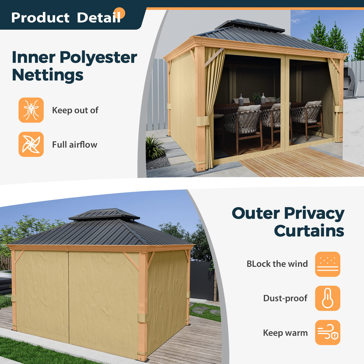 HAPPATIO 10' x 12' Hardtop Gazebo, Outdoor Wood Grain Frame Aluminum Gazebo with Galvanized Steel Double Roof,Patio Gazebo Canopy with Netting and HAPPATIO