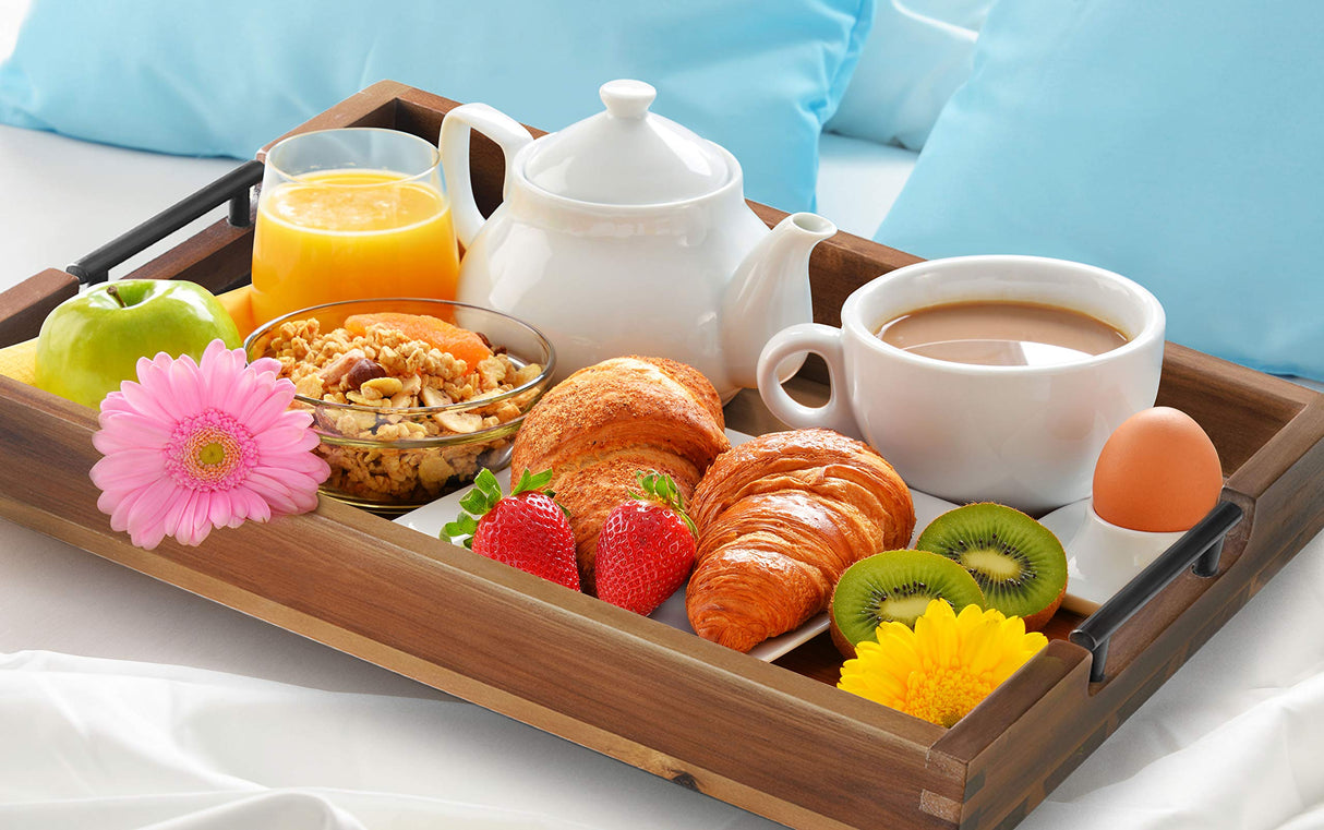 Ottoman Tray, 16.5"x12.5" Acacia Wood Serving Tray with Black Metal Handles, Great for Ottoman Tray, Food Tray, Breakfast Tray, Eating Tray…… RAKYTO