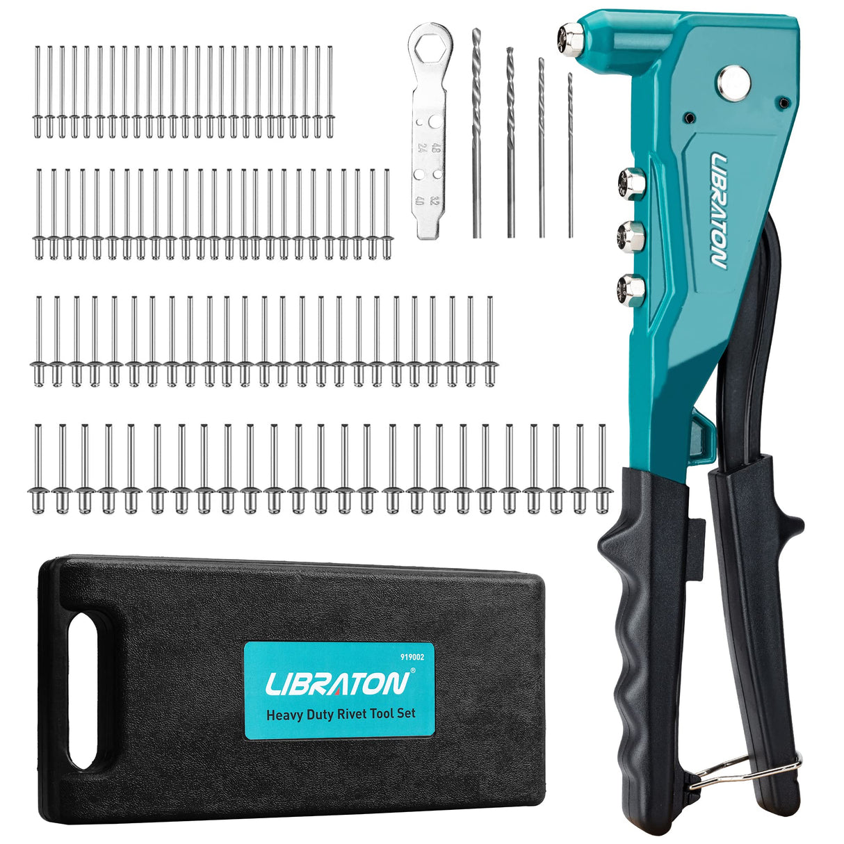 Libraton Heavy Duty Rivet Gun, Pop Rivet Gun Set, Professional Hand Riveter, Manual Riveting Tool with 110Pcs Rivets and 4 Interchangeable Heads, for LIBRATON