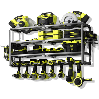 MOOMSINE 4 Layer Power Tool Organizer Wall Mount, Battery Tools Holder with Charging Station Shelf, Cordless Drill Hanger Storage Rack for Garage