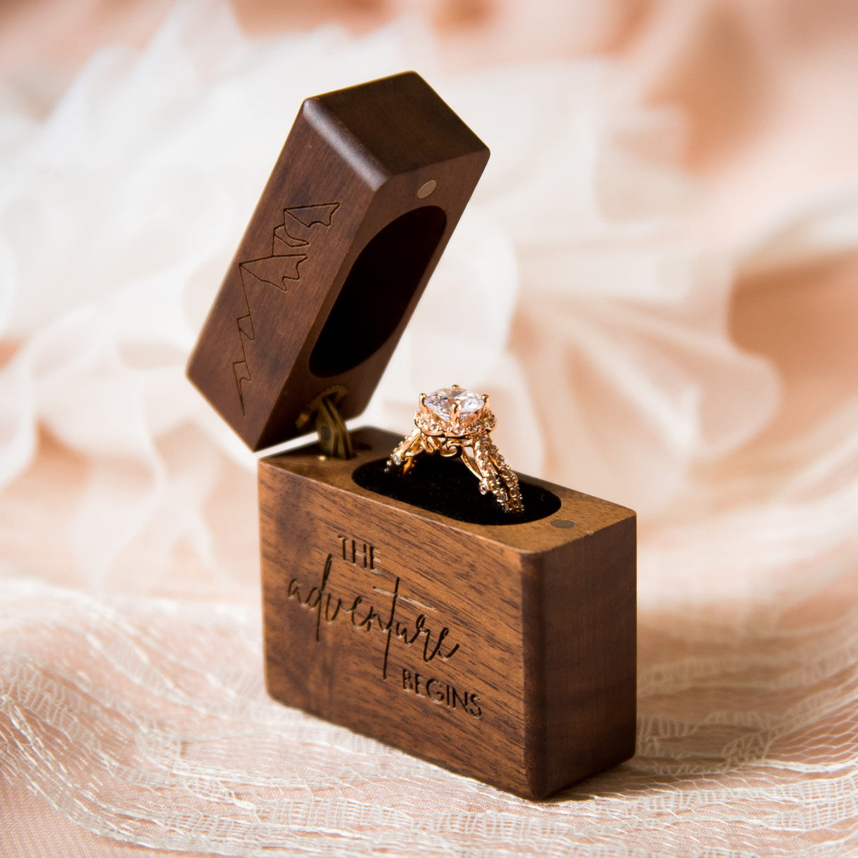 MUUJEE Slim Engagement Ring Box - Engraved Wooden Ring Box for Wedding Ceremony Engagement Proposal, Ring Bearer Box, Christmas Birthday Gift Ideas MUUJEE