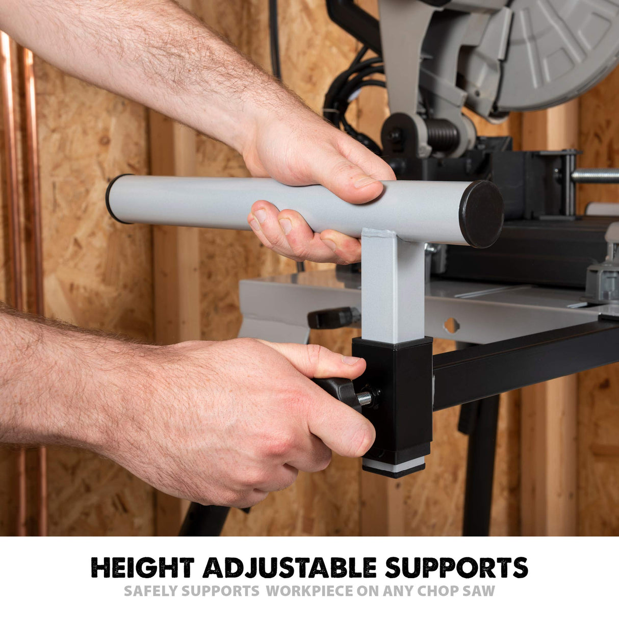 Evolution Power Tools 005-0002 Chop Saw Stand with Universal Fitting, Height Adjustable, 3M Extendable Arms & Supports Upto 225KG,Black/ Silver Evolution