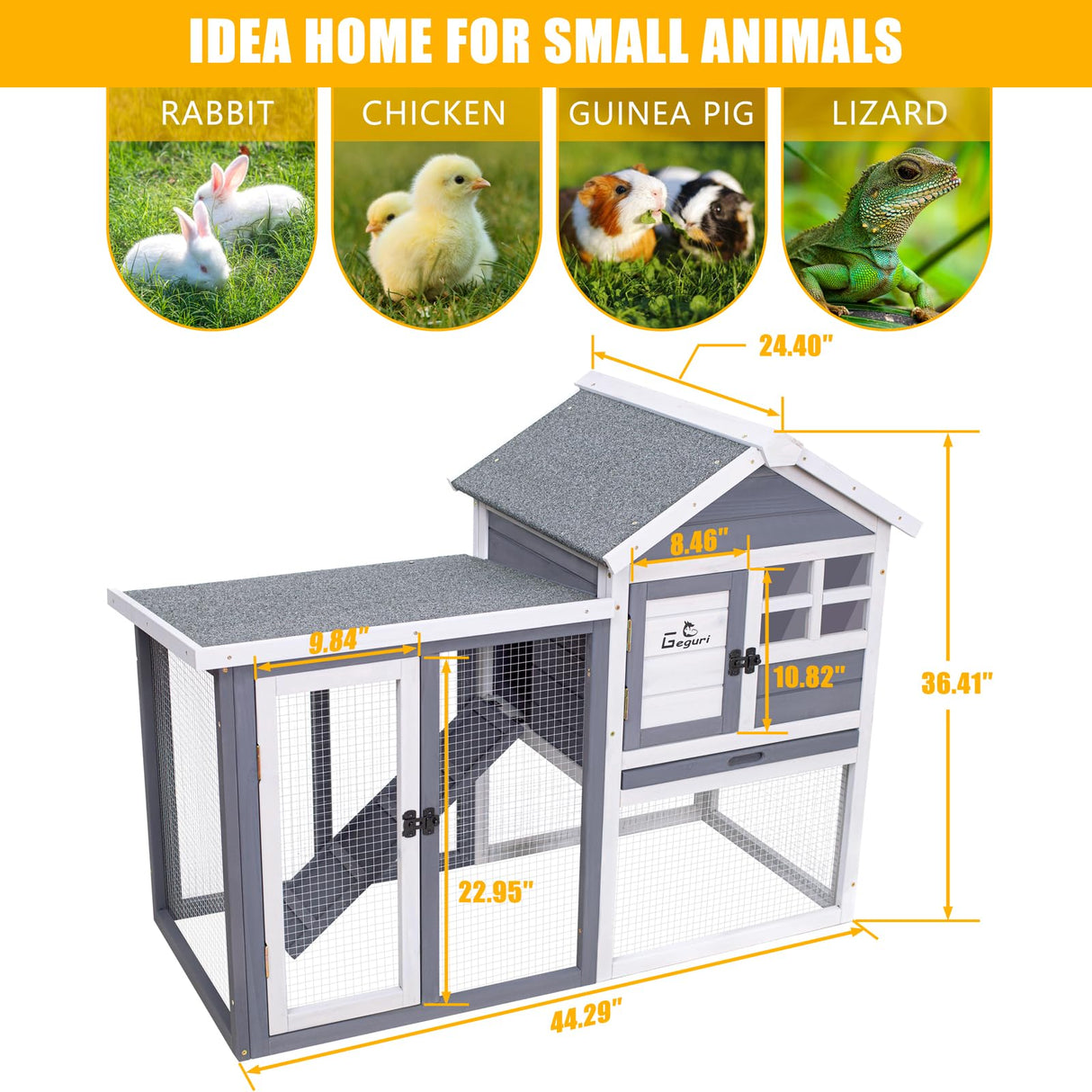 GEGURI Rabbit Hutch Indoor Rabbit Cage Outdoor, Chicken Coop Bunny Cage with Waterproof Roof, Pull Out Tray, Predator-Resistant Fencing GEGURI