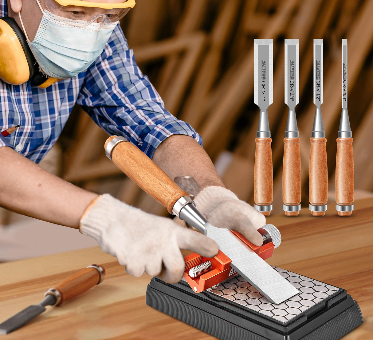 AUXTUR Sharpening Stone with Honing Guide Tool,chisel set for Woodworking,Flattening Stone,Complete Sharpening System Tools for Chisel Sharpening and AUXTUR