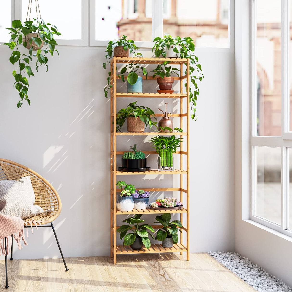 FOTOSOK 6-Tier Adjustable Bamboo Shelf Bookcase – Elegant Free Standing Storage Unit for Home & Garden FOTOSOK