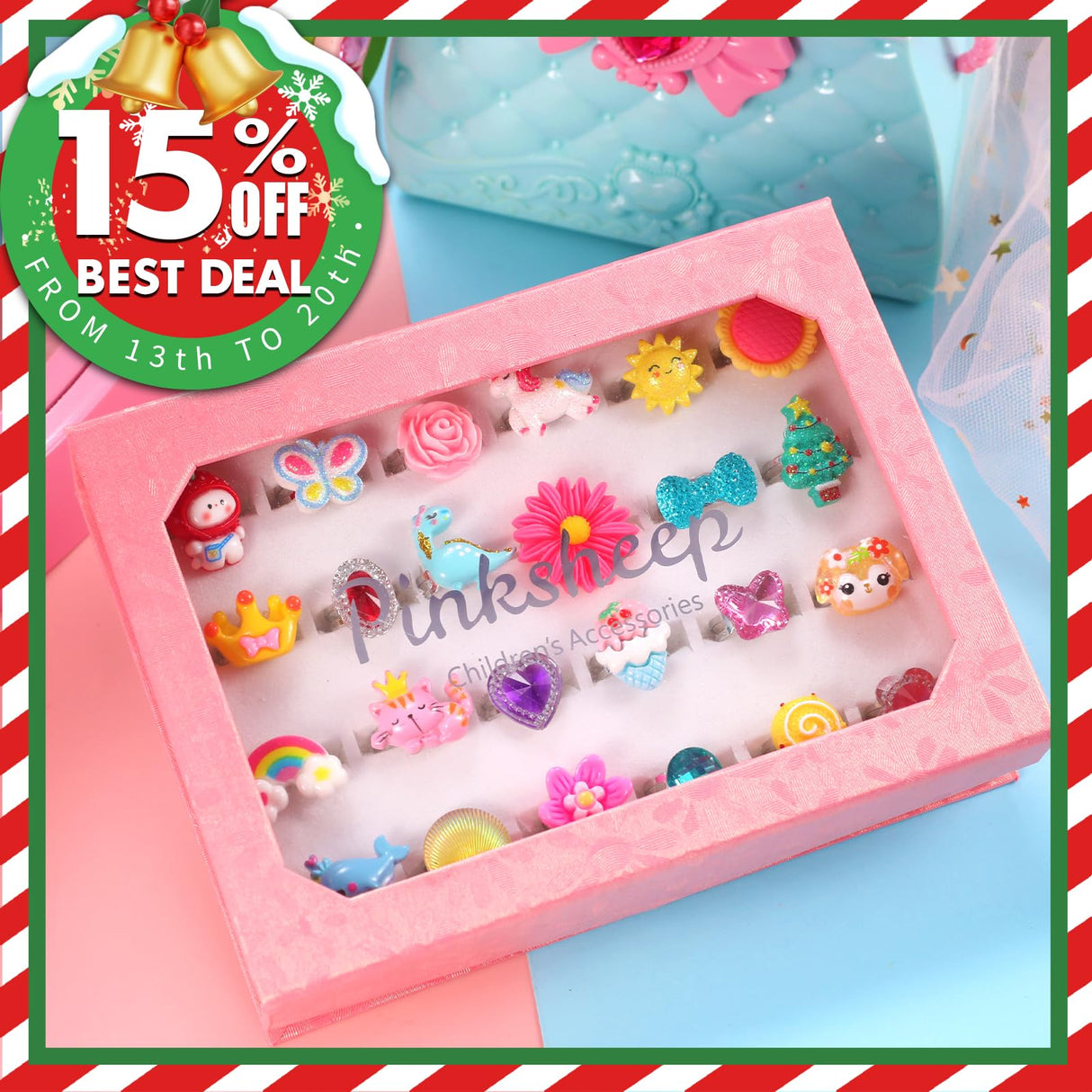 PinkSheep Little Girl Jewel Rings in Box, Adjustable, No Duplication, Girl Pretend Play and Dress Up Rings (24 Lovely Ring) PinkSheep