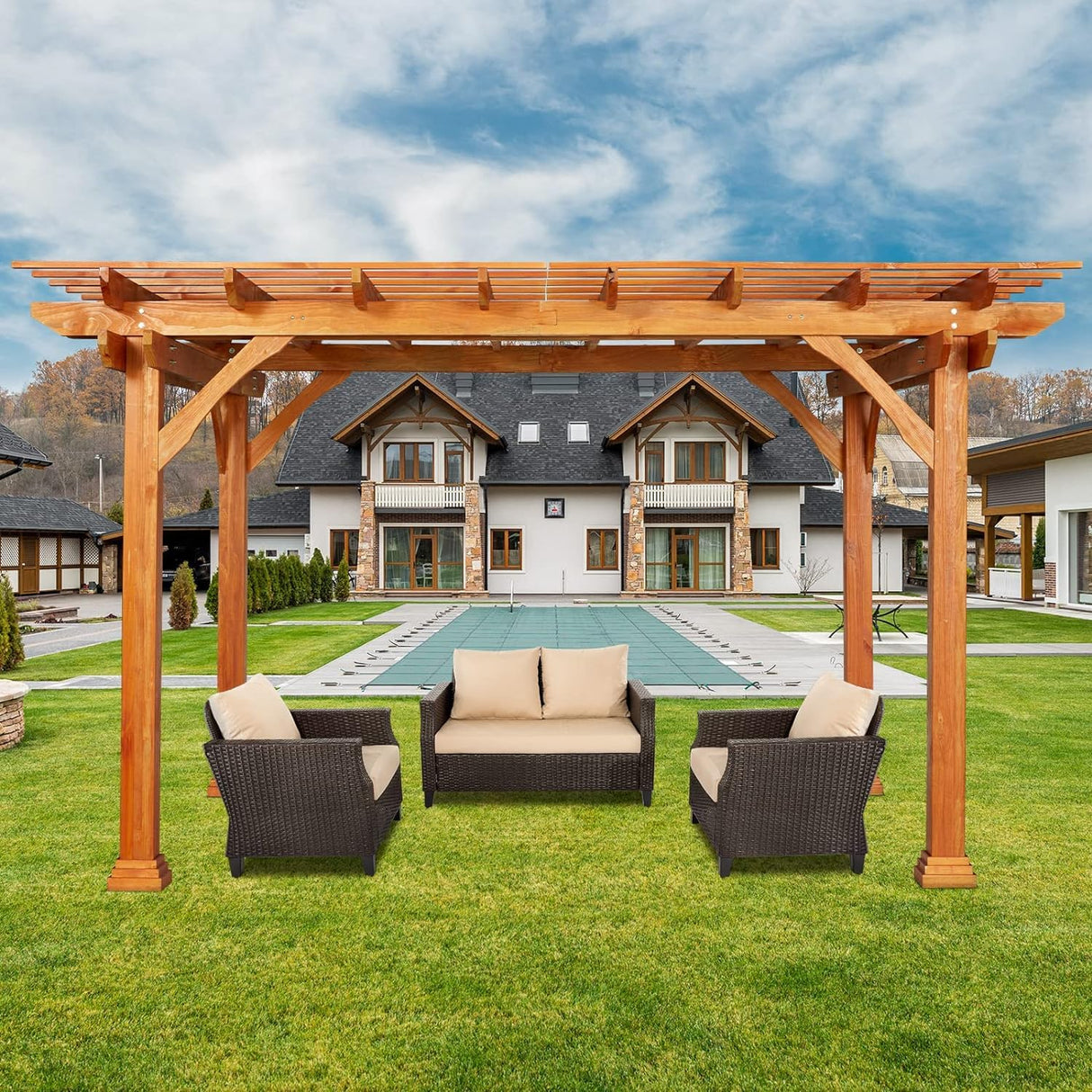 U-MAX Wood Pergola 12'x10' Cedar Wood Gazebo with Durability, Stability, Structure, Snow and Wind Supported,Mirador Outdoor Pergola for Patio Deck U-MAX