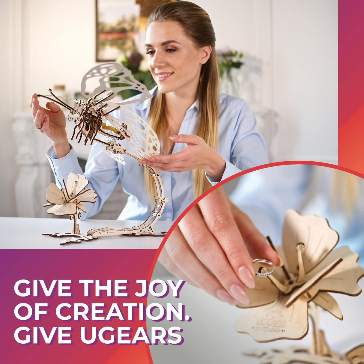 Ugears Butterfly 3D Mechanical Model Self-Assembling Wooden Miniature DIY Set Wooden Box Brainteaser UGEARS