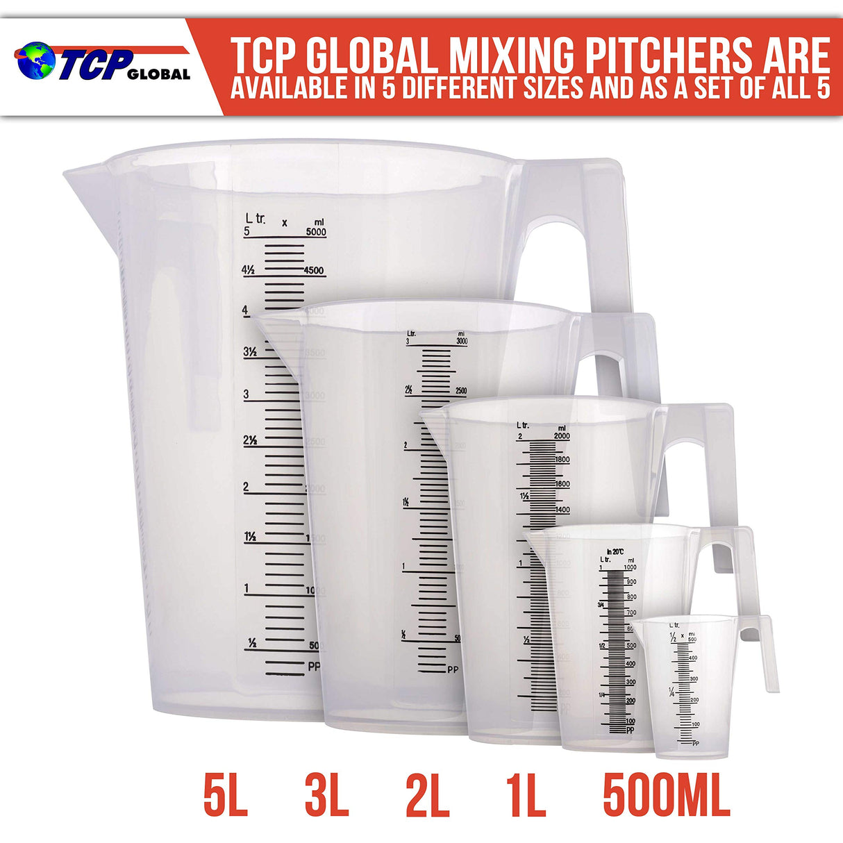 TCP Global 5 Piece Set of Plastic Graduated Measuring and Mixing Pitchers - 500, 1000 Quart, 2000, 3000, 5000 ml Gallon Sizes - Pouring Cups, Measure TCP Global