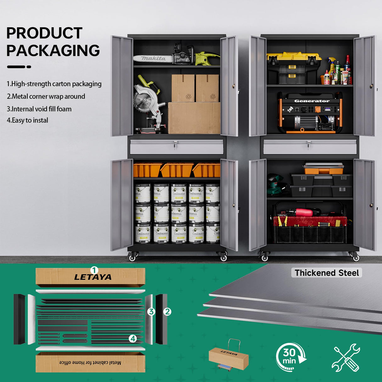 Letaya Metal Garage Storage Cabinet with Wheels,72” Rolling Tool Cabinet with 4 Door Lock-Adjustable Shelves and Drawer for Garage Home Office Letaya