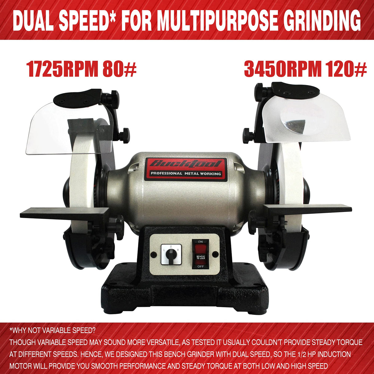 BUCKTOOL 8 inch Dual Speed Bench Grinder & Buffer, Professional Low High Speed Bench Grinder Buffer with Cast Iron Base TDS-200DS Bucktool