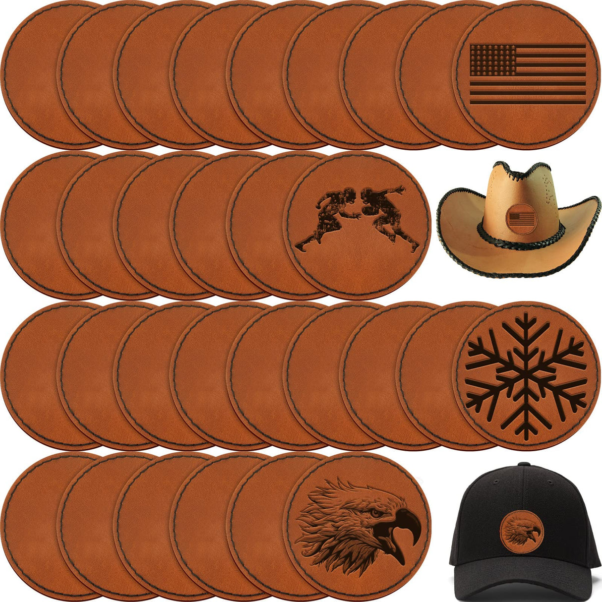30 Pcs Blank Leather Hat Patches with Adhesive Round Laserable Leatherette Patch Brown Faux Leather Patches Glowforge Laser Supplies for Hats, Dunzy
