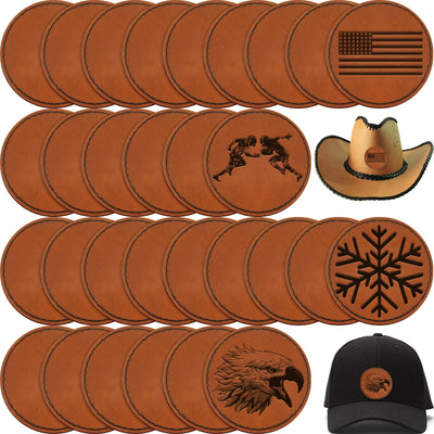 30 Pcs Blank Leather Hat Patches with Adhesive Round Laserable Leatherette Patch Brown Faux Leather Patches Glowforge Laser Supplies for Hats,