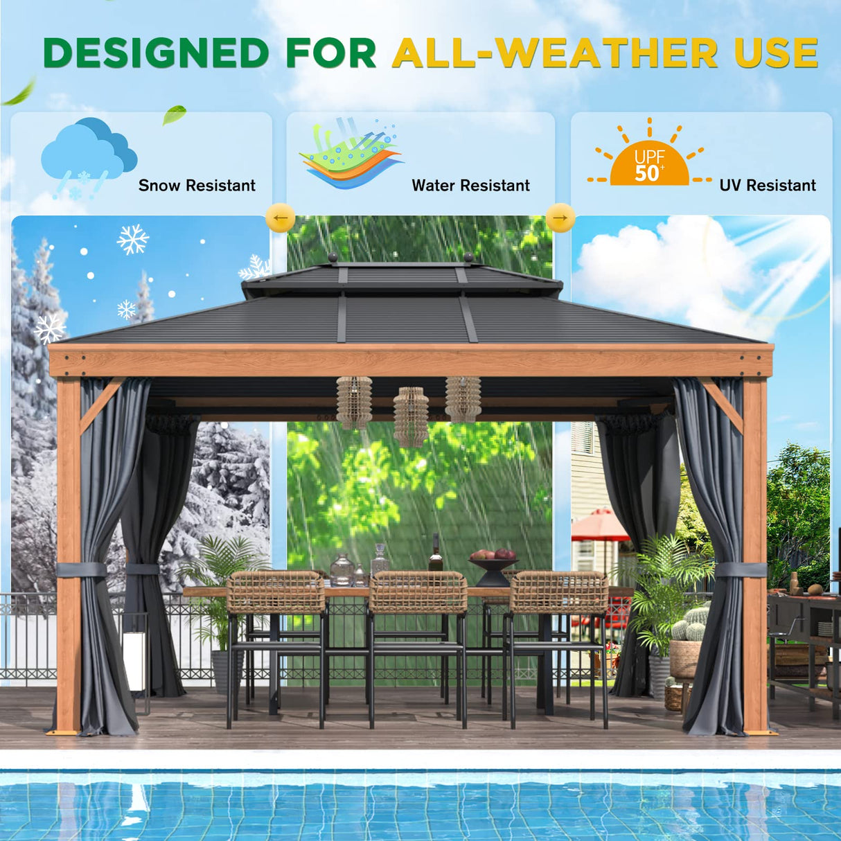 EROMMY 10'x13' Hardtop Gazebo Outdoor Aluminum Wood Grain Gazebos with Galvanized Steel Roof and Mosquito Net for Patios, Deck, Backyard, Curtains & EROMMY