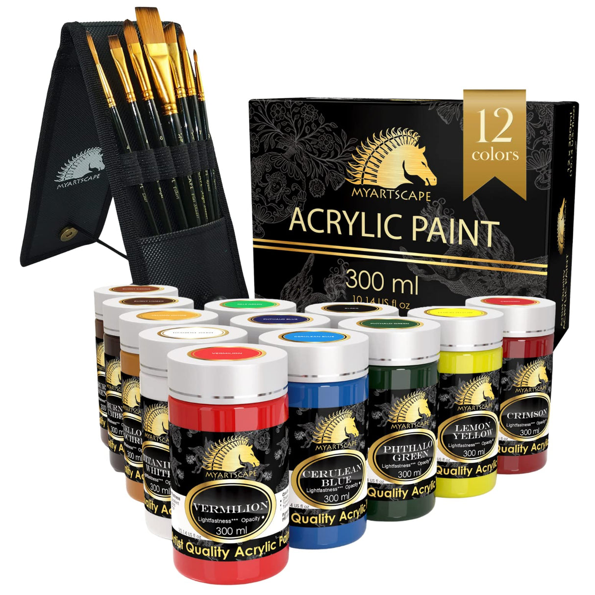 MyArtscape Acrylic Paint Set - 12 x 300ml Bottles with Pocket Paint Brush Set - 7 Artists' Paintbrushes (Set 1) MyArtscape