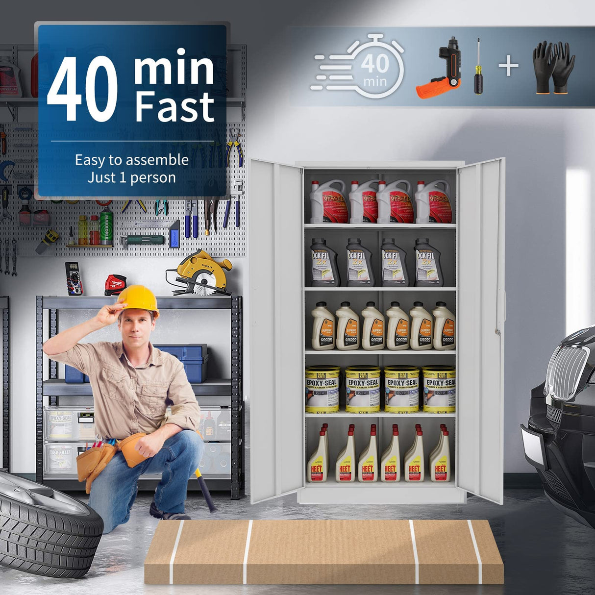 Yizosh Metal Storage Cabinet with Lock - 72" Garage Storage Cabinet with 2 Locking Doors and 5 Adjustable Shelves, White Steel Lockable File Cabinet Yizosh