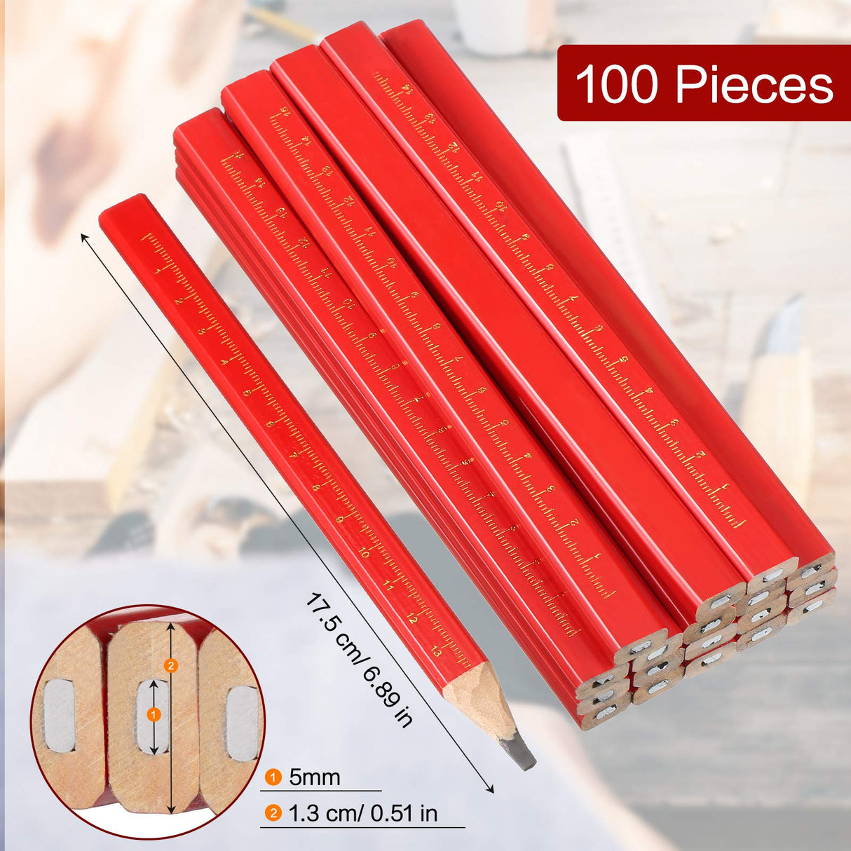 Zonon 100 Pieces Carpenter Pencils, Octagonal Red Hard Black Carpenter Pencils Construction Pencils for Woodworking Marking and Concrete Marking Zonon