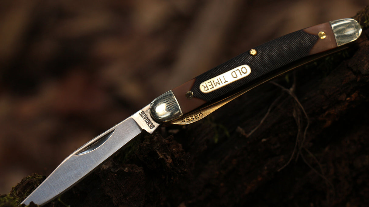 Old Timer 18OT Mighty Mite 4.7in Stainless Steel Traditional Folding Pocket Knife with 2in Clip Point Blade, Nickel Silver Bolsters, and Sawcut Old Timer