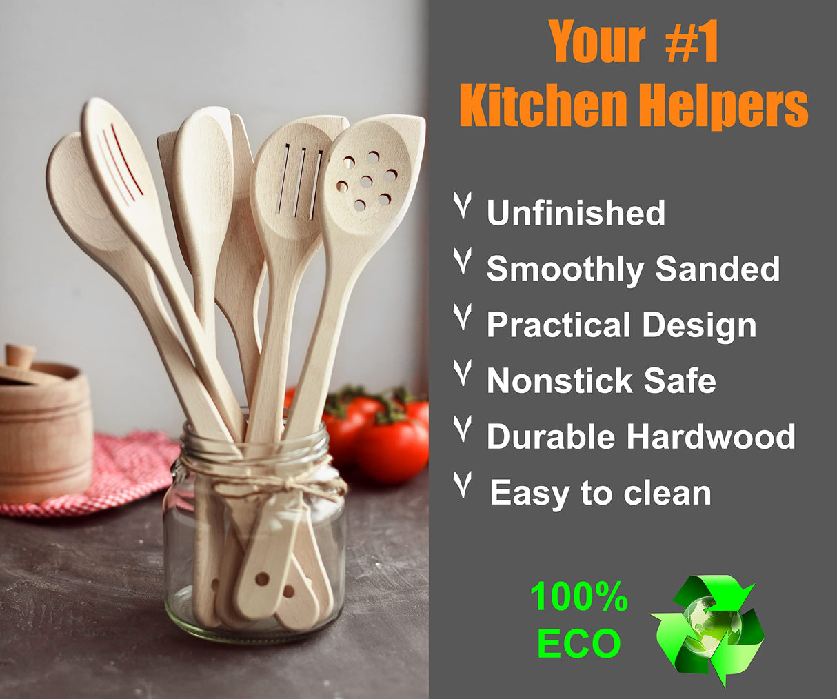 ECOSALL Healthy Wooden Spoons For Cooking Set of 6. Safe and Reliable Cooking Utensils for Kitchen – 100% Natural Nonstick Wood Spatula Spoon For ECOSALL