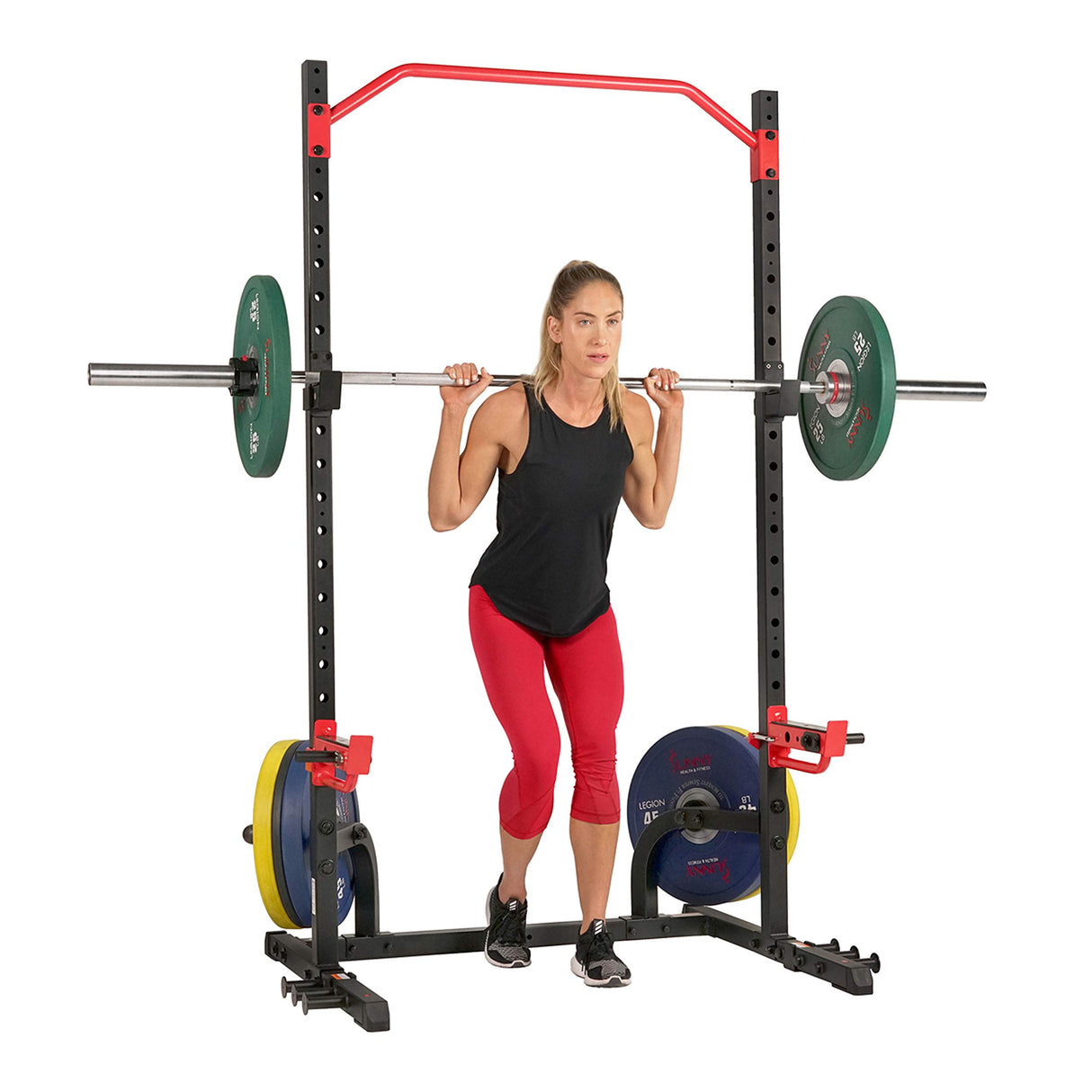 Sunny Health & Fitness Power Zone Squat Stand Power Rack Cage - SF-XF9931, Upright,Black/Red Sunny Health & Fitness