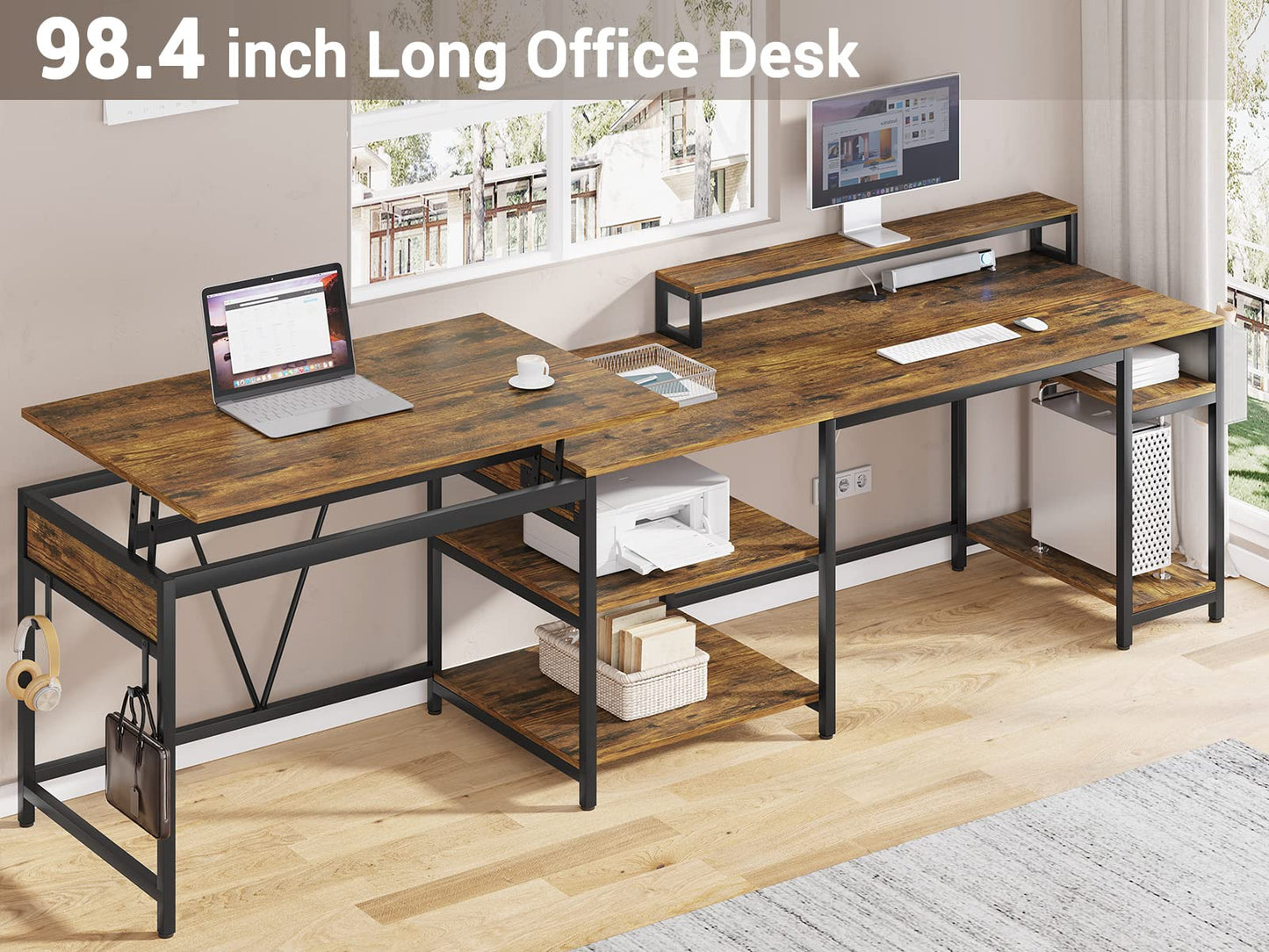 SEDETA L Shaped Desk with Lift Top, Convertible Home Office Desk, L Shaped Standing Desk with Storage Shelves, Monitor Stand, and Headphone Hook for