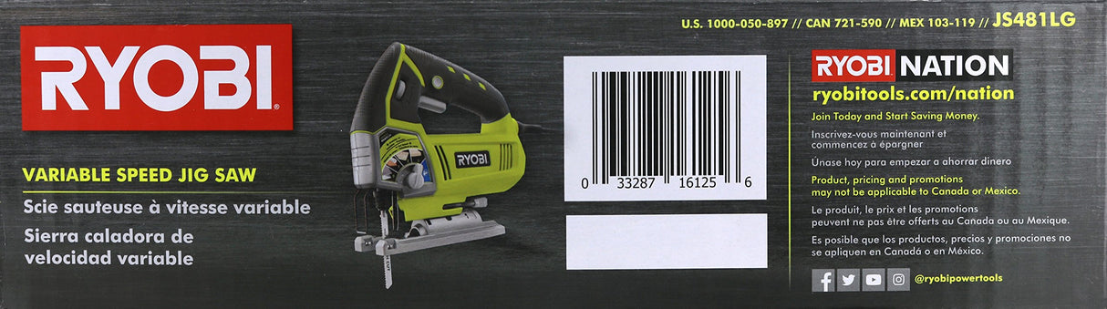 Ryobi JS481LG 4.8 Amp Corded Variable Speed T-Shank Orbital Jig Saw w/ Onboard LED Lighting System Ryobi